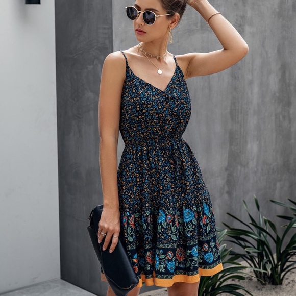 Boho Hippie Gypsy Floral Midi Dress - NAVY - Picture 6 of 8
